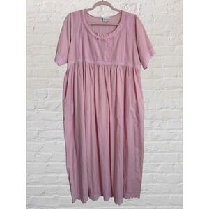 The 1 for U Pink Nightgown Women XL Eyelet Lace Smocked Cottagecore Cotton Pink